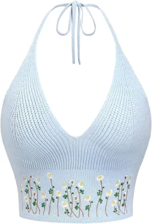 MakeMeChic Women's Crochet Tie Back Cropped Camisole Slim Fit Sleeveless Boho Shirts Knitted Halter Top
