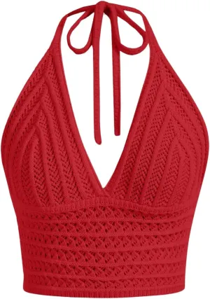 MakeMeChic Women's Crochet Tie Back Cropped Camisole Slim Fit Sleeveless Boho Shirts Knitted Halter Top