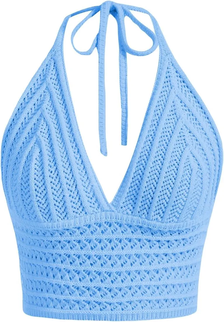 MakeMeChic Women's Crochet Tie Back Cropped Camisole Slim Fit Sleeveless Boho Shirts Knitted Halter Top