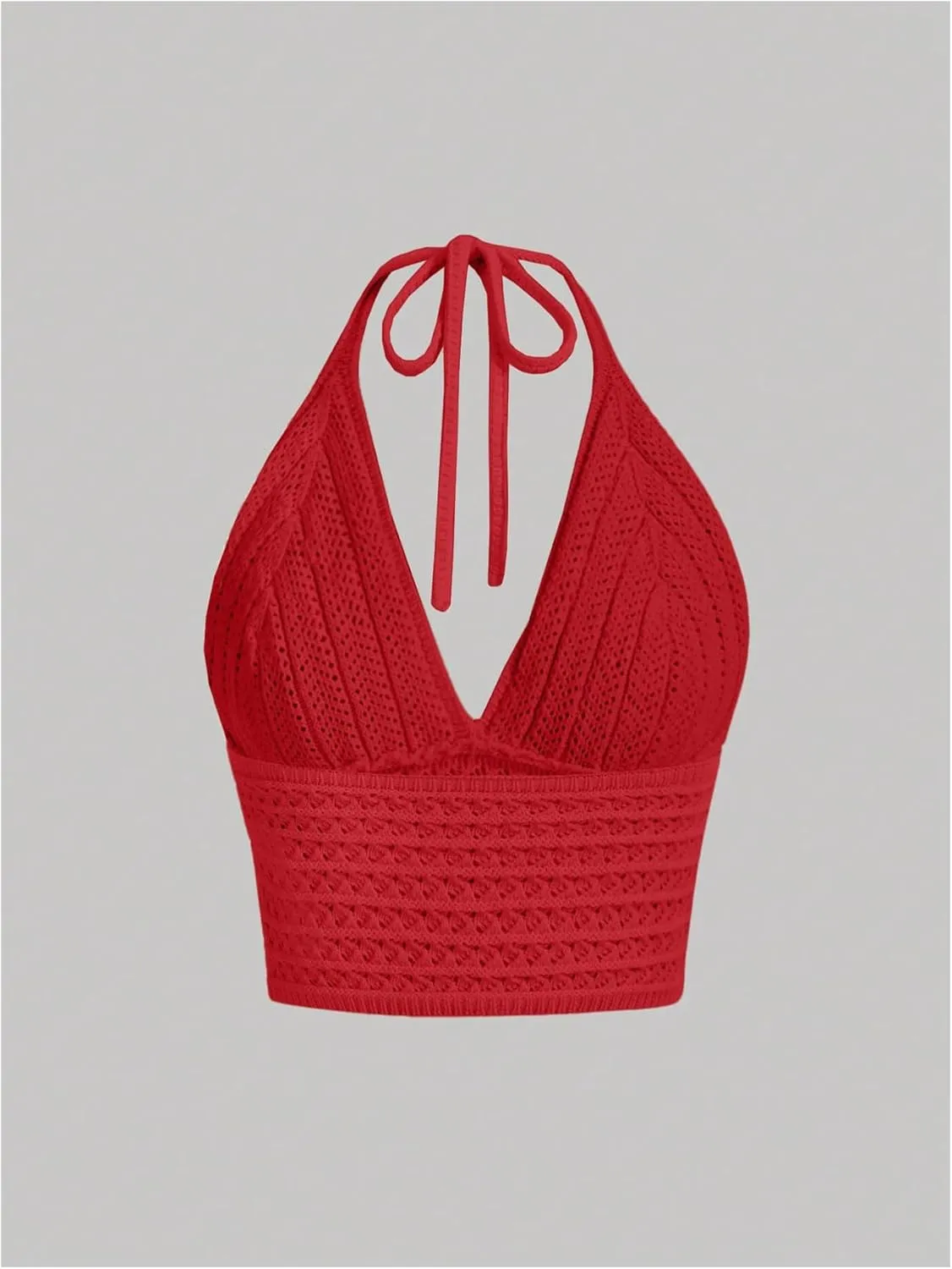 MakeMeChic Women's Crochet Tie Back Cropped Camisole Slim Fit Sleeveless Boho Shirts Knitted Halter Top
