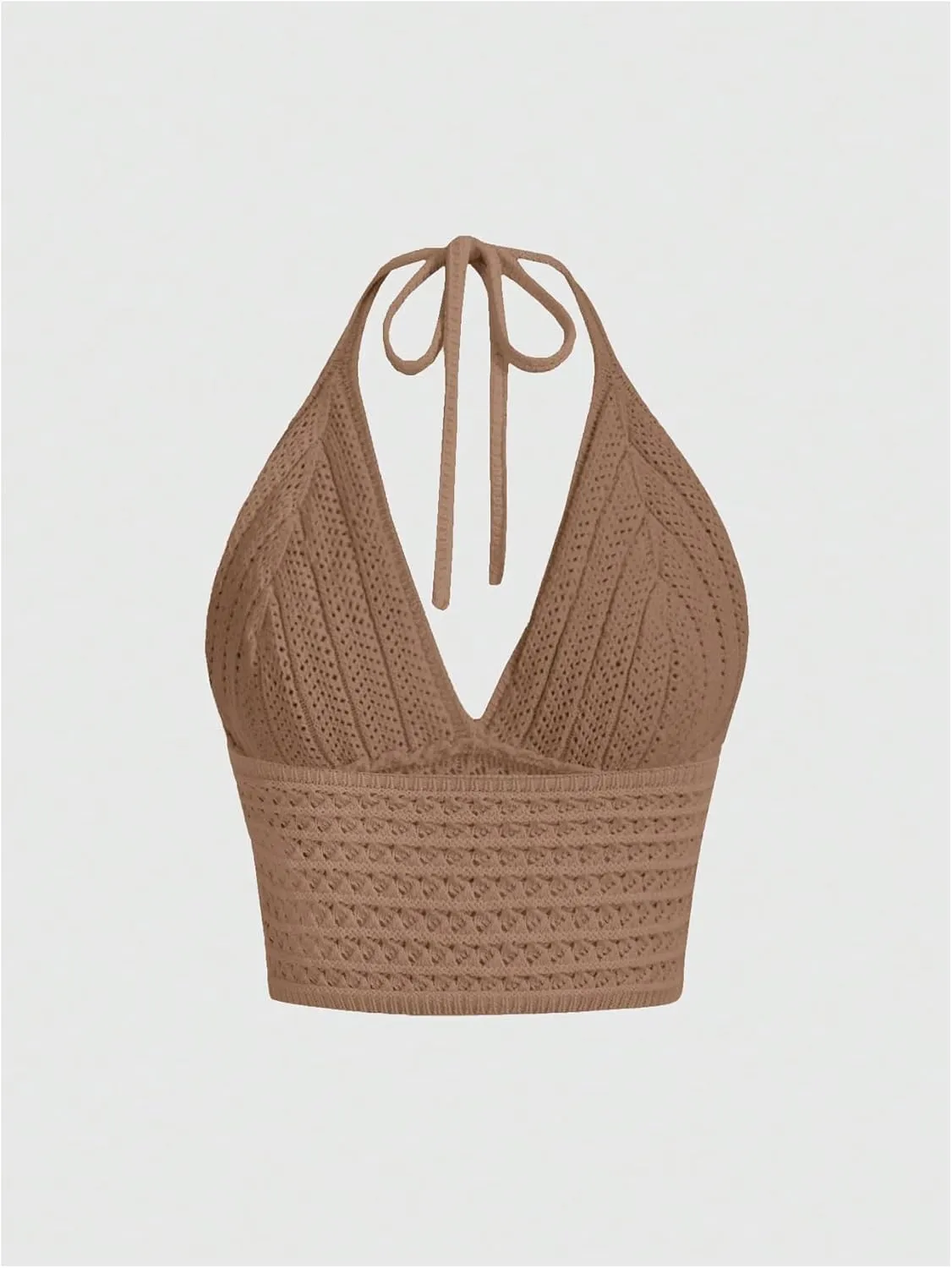 MakeMeChic Women's Crochet Tie Back Cropped Camisole Slim Fit Sleeveless Boho Shirts Knitted Halter Top
