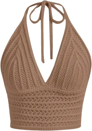 MakeMeChic Women's Crochet Tie Back Cropped Camisole Slim Fit Sleeveless Boho Shirts Knitted Halter Top
