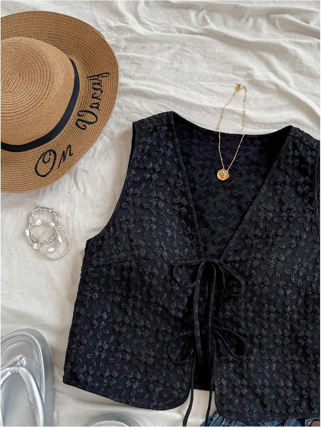 MakeMeChic Women's Floral Print Tie Front Vest Outerwear Sleeveless V Neck Boho Vests