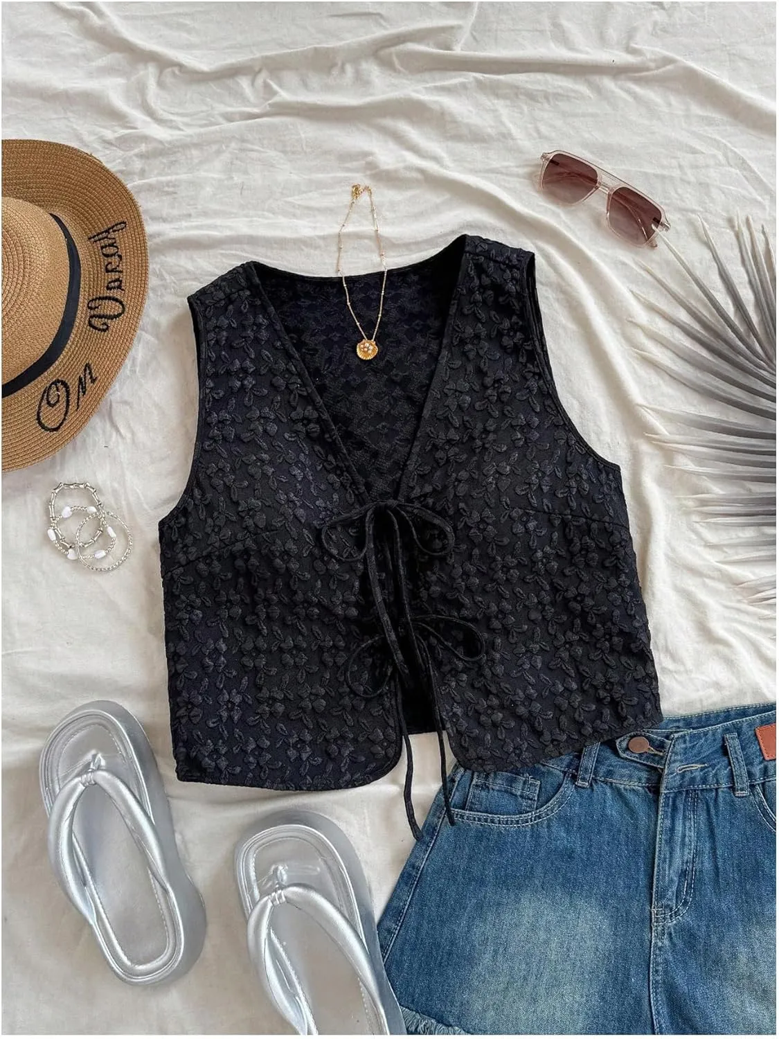 MakeMeChic Women's Floral Print Tie Front Vest Outerwear Sleeveless V Neck Boho Vests