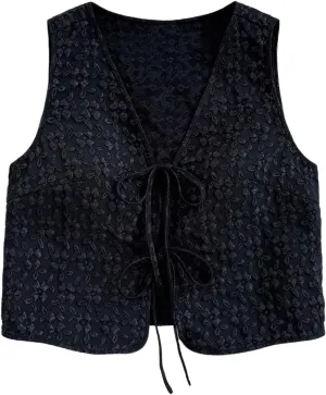 MakeMeChic Women's Floral Print Tie Front Vest Outerwear Sleeveless V Neck Boho Vests
