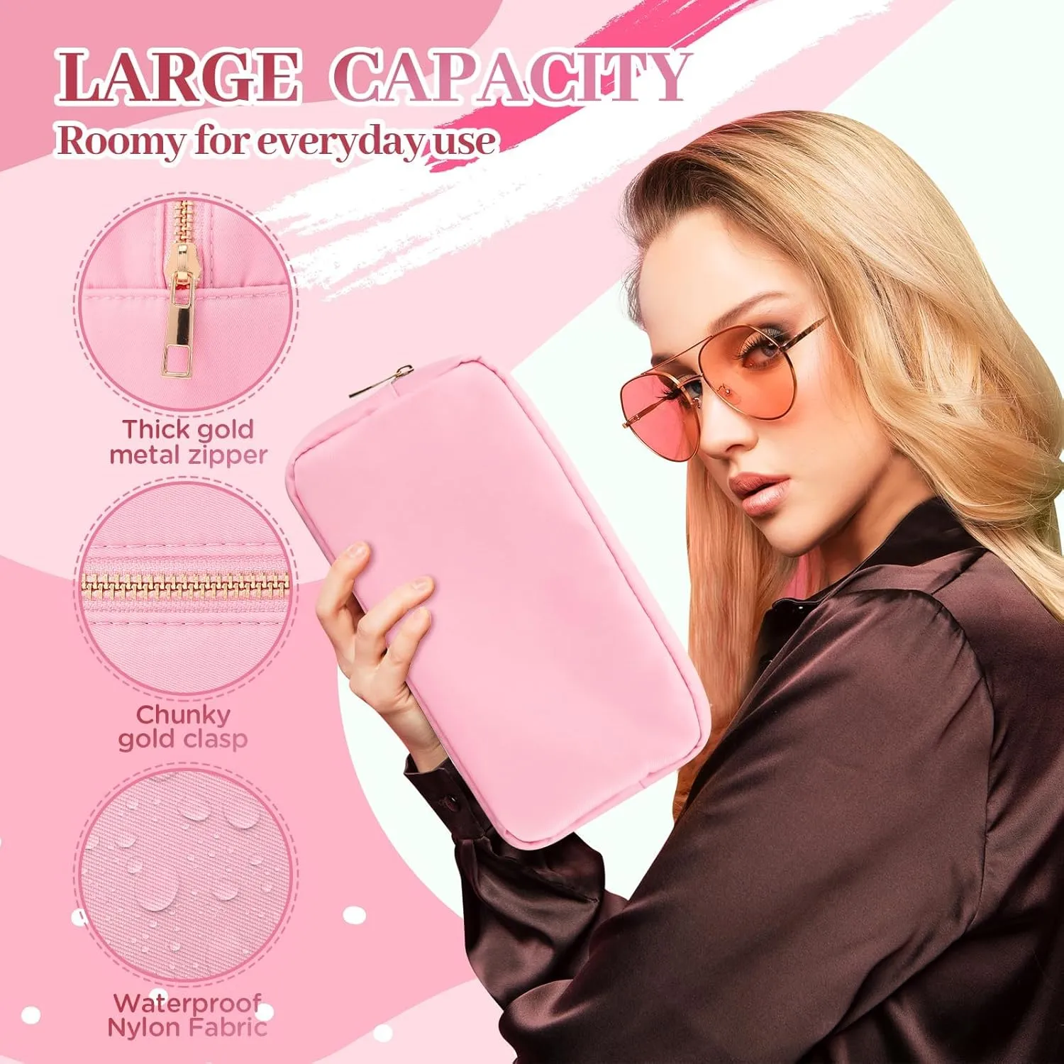 Makeup Bag for Women, Nylon Cosmetic Bag Small Makeup Bag for Purse, Preppy Makeup Bag with Zipper Make Up Pouch Bags Waterproof Travel Organizer Bag Set for Women Girls (Pink-large)