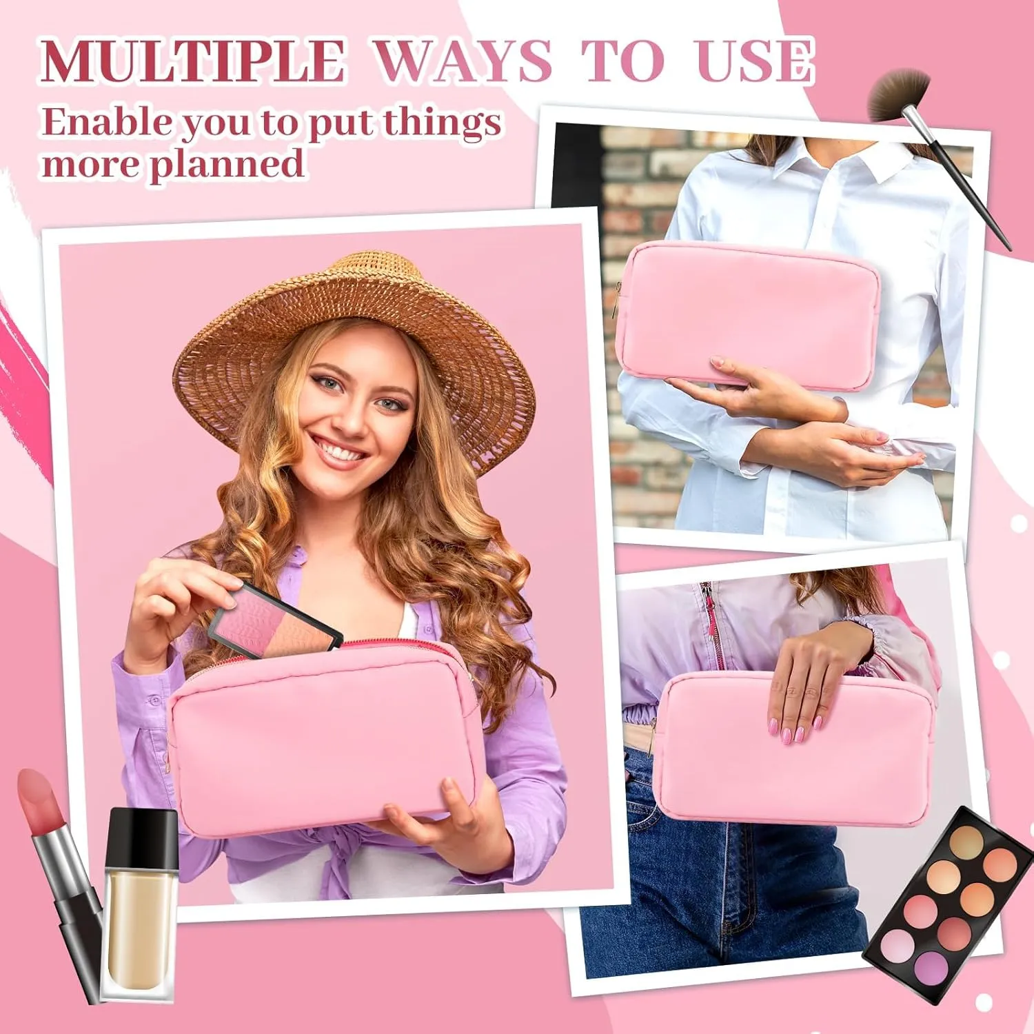 Makeup Bag for Women, Nylon Cosmetic Bag Small Makeup Bag for Purse, Preppy Makeup Bag with Zipper Make Up Pouch Bags Waterproof Travel Organizer Bag Set for Women Girls (Pink-large)