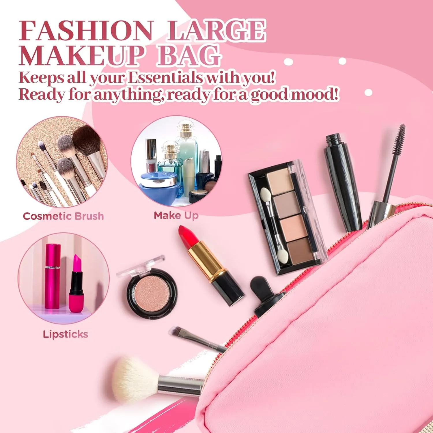 Makeup Bag for Women, Nylon Cosmetic Bag Small Makeup Bag for Purse, Preppy Makeup Bag with Zipper Make Up Pouch Bags Waterproof Travel Organizer Bag Set for Women Girls (Pink-large)
