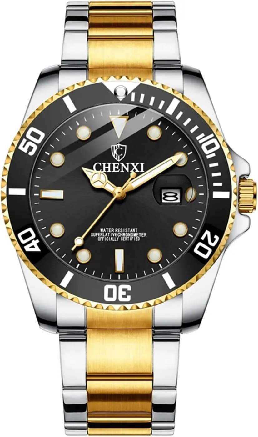 MASTOP Men Watch Silver Gold Stainless Steel Two Tone Brand Watch Waterproof Analog Quartz Watches with Calendar