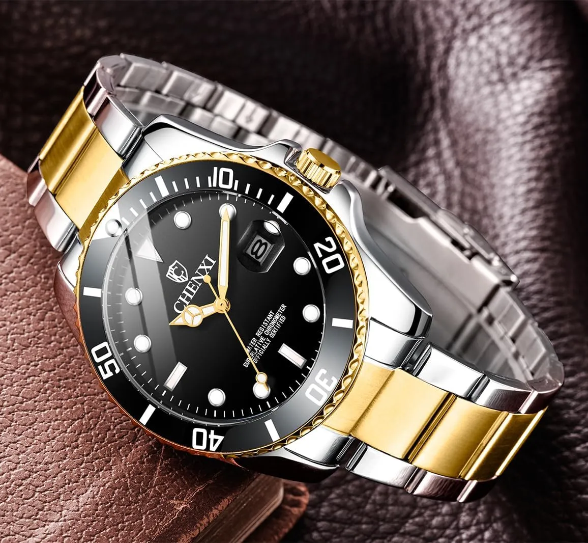 MASTOP Men Watch Silver Gold Stainless Steel Two Tone Brand Watch Waterproof Analog Quartz Watches with Calendar