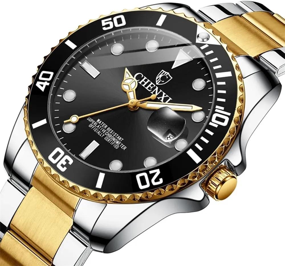 MASTOP Men Watch Silver Gold Stainless Steel Two Tone Brand Watch Waterproof Analog Quartz Watches with Calendar