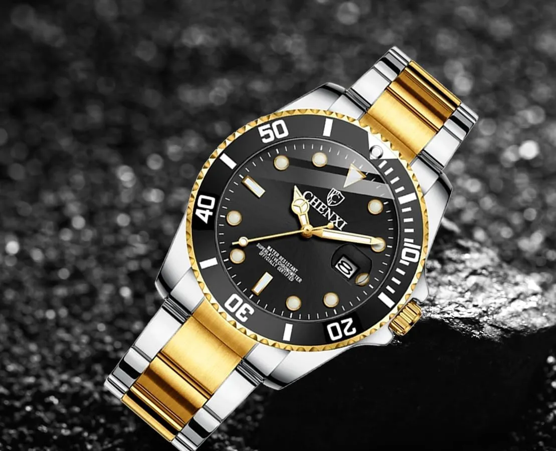 MASTOP Men Watch Silver Gold Stainless Steel Two Tone Brand Watch Waterproof Analog Quartz Watches with Calendar