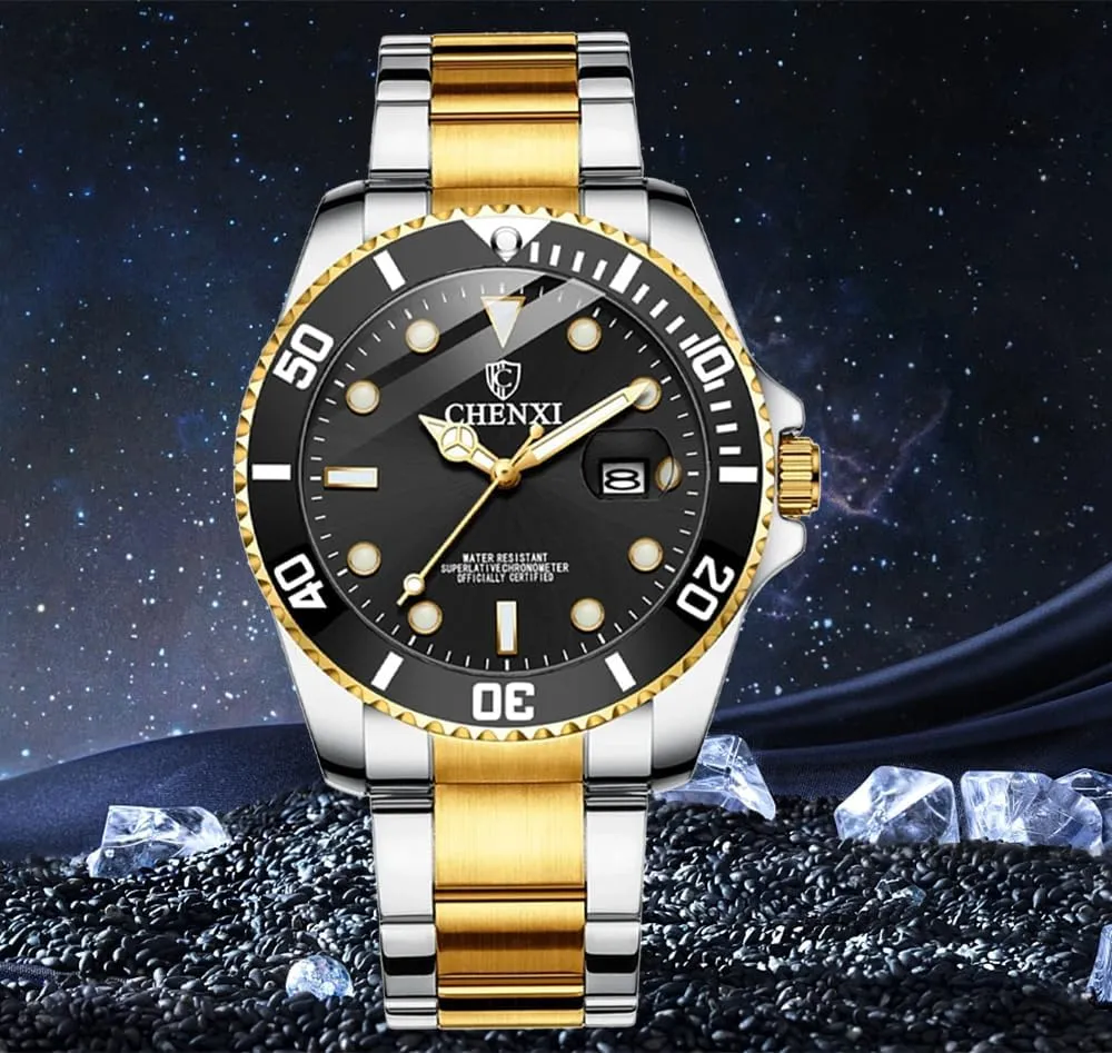 MASTOP Men Watch Silver Gold Stainless Steel Two Tone Brand Watch Waterproof Analog Quartz Watches with Calendar