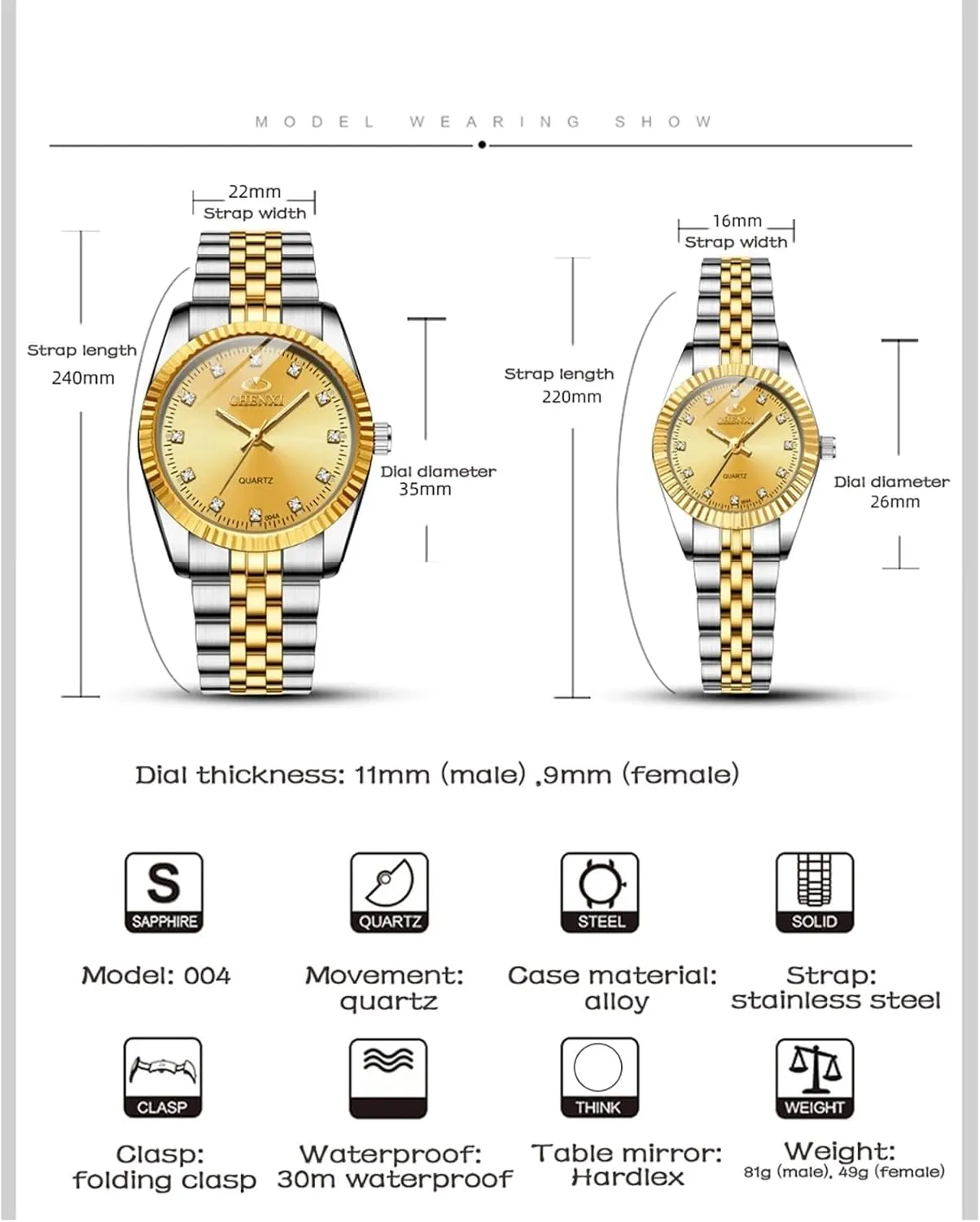 MASTOP Swiss Brand Two Tone Watch Men Women Gold Silver Stainless Steel Waterproof Couple Watches