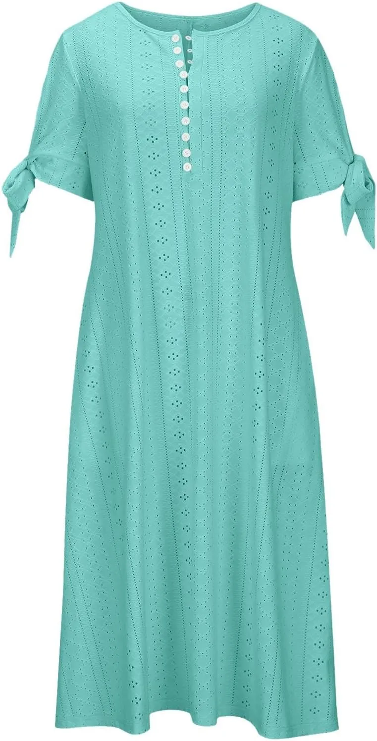 Maxi Long Dresses for Women 2025 Summer Casual V Neck Short Sleeve Eyelet Tshirt Dress Boho Aline Sundresses for Vacation
