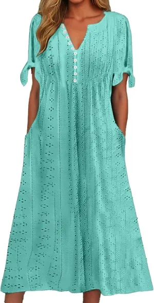 Maxi Long Dresses for Women 2025 Summer Casual V Neck Short Sleeve Eyelet Tshirt Dress Boho Aline Sundresses for Vacation