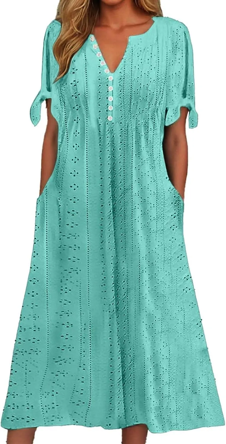 Maxi Long Dresses for Women 2025 Summer Casual V Neck Short Sleeve Eyelet Tshirt Dress Boho Aline Sundresses for Vacation