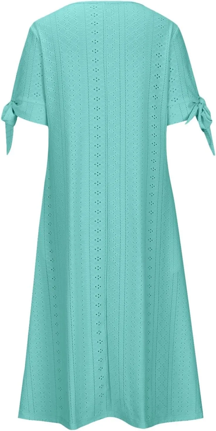 Maxi Long Dresses for Women 2025 Summer Casual V Neck Short Sleeve Eyelet Tshirt Dress Boho Aline Sundresses for Vacation