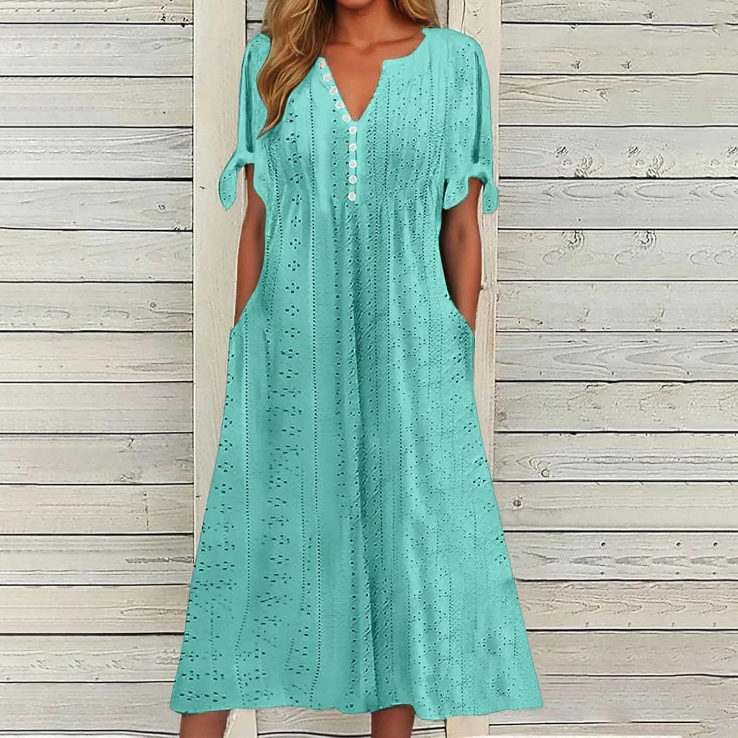 Maxi Long Dresses for Women 2025 Summer Casual V Neck Short Sleeve Eyelet Tshirt Dress Boho Aline Sundresses for Vacation