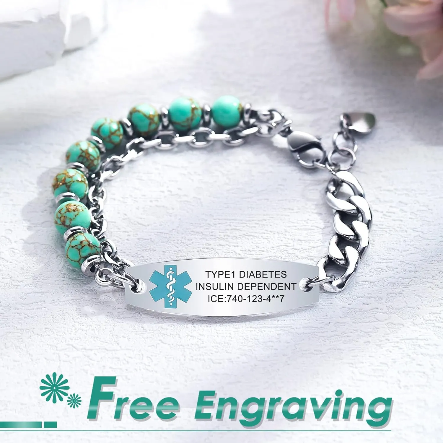 Medical Alert Bracelets for Women Men, Personalized Custom Agate Beaded Medical ID Bracelet, Stainless Steel Layered Emergency Medic Alert ID Bracelet, 6.5-8.5 Inch