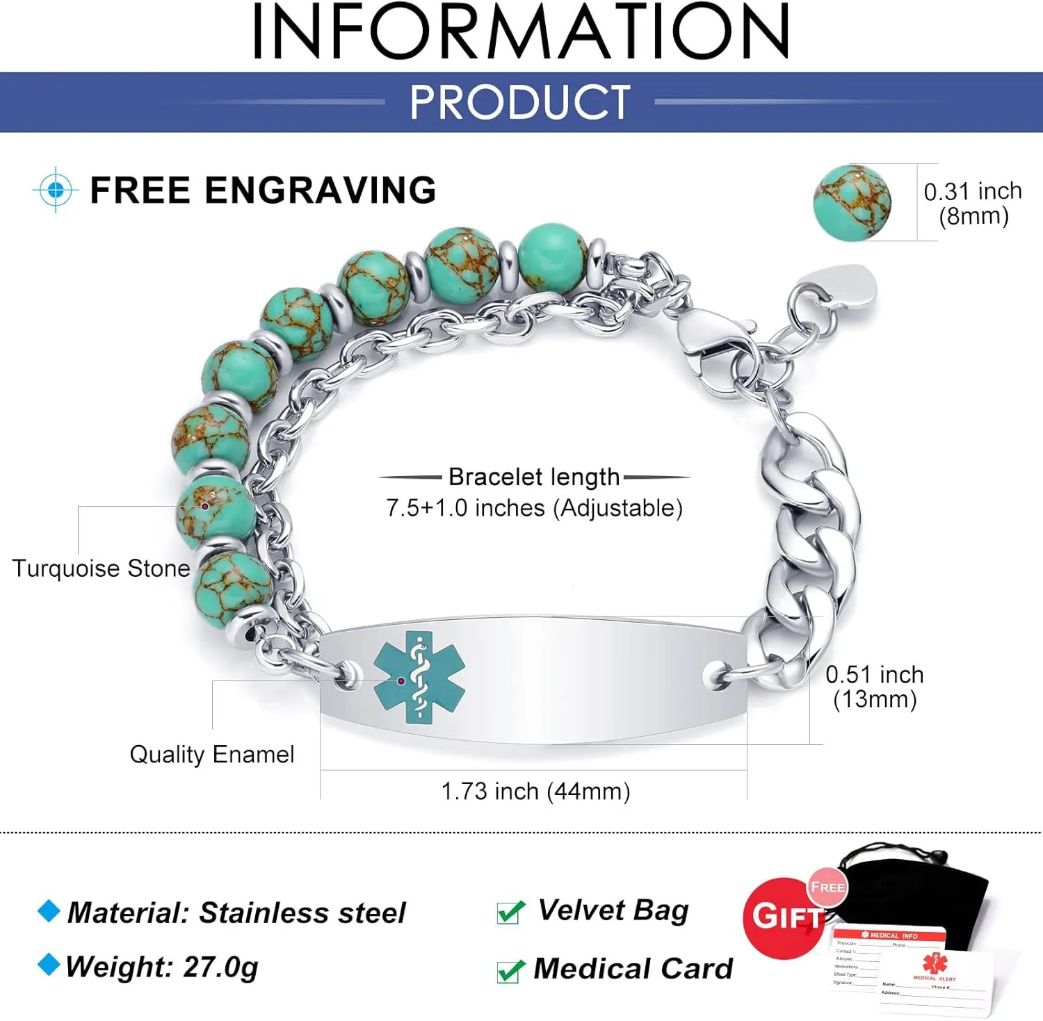 Medical Alert Bracelets for Women Men, Personalized Custom Agate Beaded Medical ID Bracelet, Stainless Steel Layered Emergency Medic Alert ID Bracelet, 6.5-8.5 Inch
