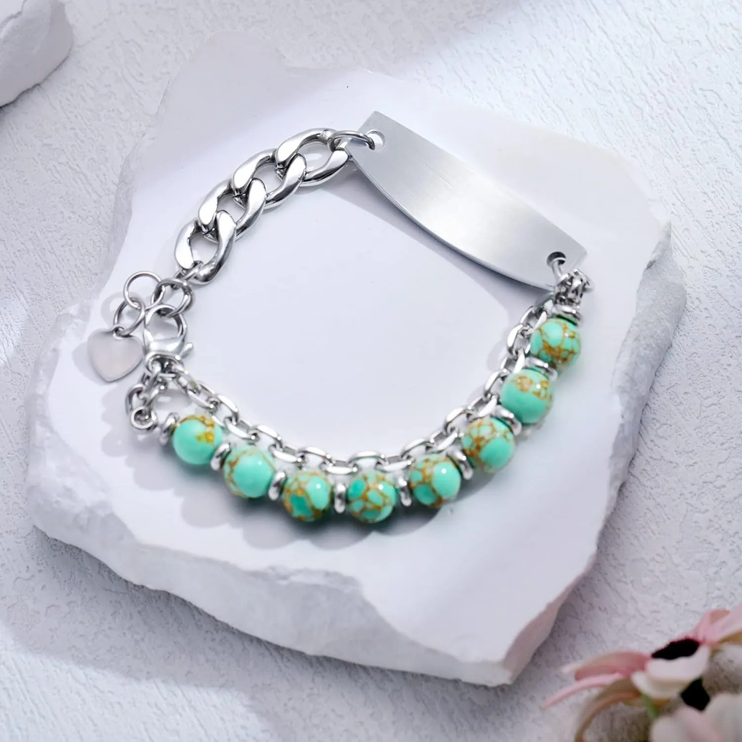 Medical Alert Bracelets for Women Men, Personalized Custom Agate Beaded Medical ID Bracelet, Stainless Steel Layered Emergency Medic Alert ID Bracelet, 6.5-8.5 Inch