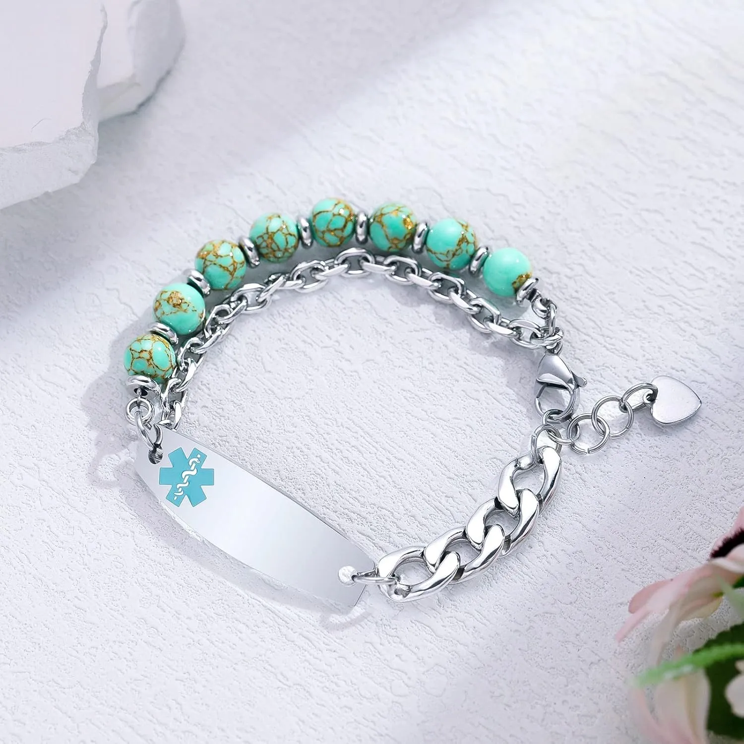 Medical Alert Bracelets for Women Men, Personalized Custom Agate Beaded Medical ID Bracelet, Stainless Steel Layered Emergency Medic Alert ID Bracelet, 6.5-8.5 Inch