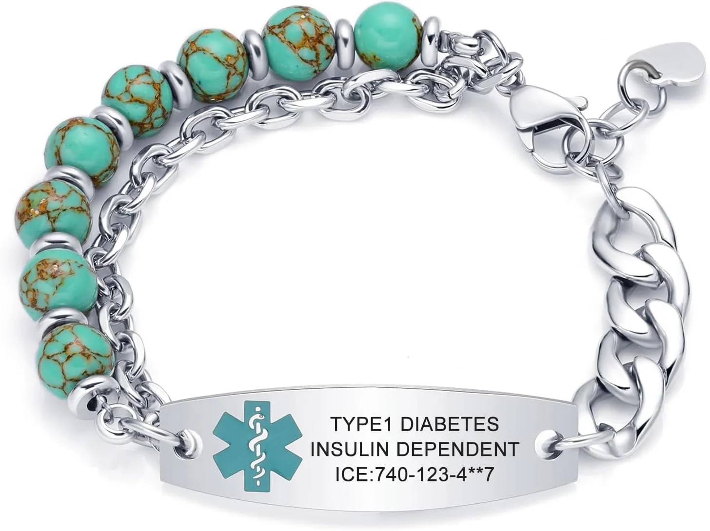 Medical Alert Bracelets for Women Men, Personalized Custom Agate Beaded Medical ID Bracelet, Stainless Steel Layered Emergency Medic Alert ID Bracelet, 6.5-8.5 Inch