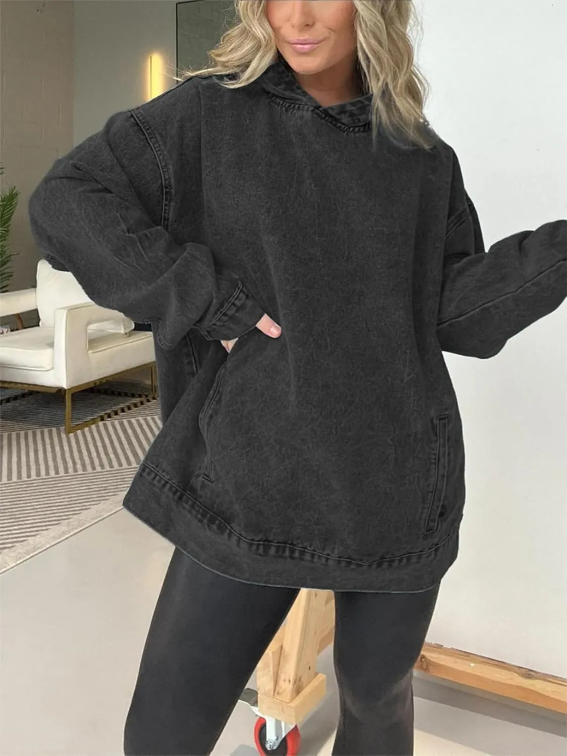 Melliflo Women Denim Hoodie with Pockets Long Sleeve Vintage Acid Wash Shirts Hooded Oversized Sweatshirts Jean Tops