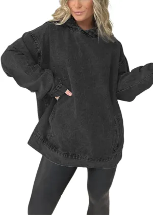 Melliflo Women Denim Hoodie with Pockets Long Sleeve Vintage Acid Wash Shirts Hooded Oversized Sweatshirts Jean Tops