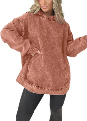 Melliflo Women Denim Hoodie with Pockets Long Sleeve Vintage Acid Wash Shirts Hooded Oversized Sweatshirts Jean Tops