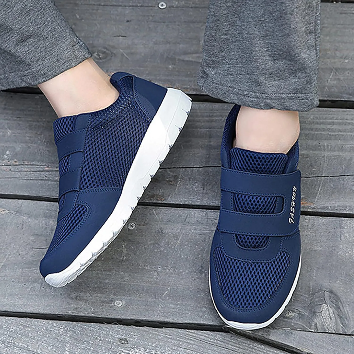 Men's 2025 New Hook Loop Solid Color Fly Woven Mesh Breathable Running Shoes Mens Sneaker Socks Low Cut Shoes