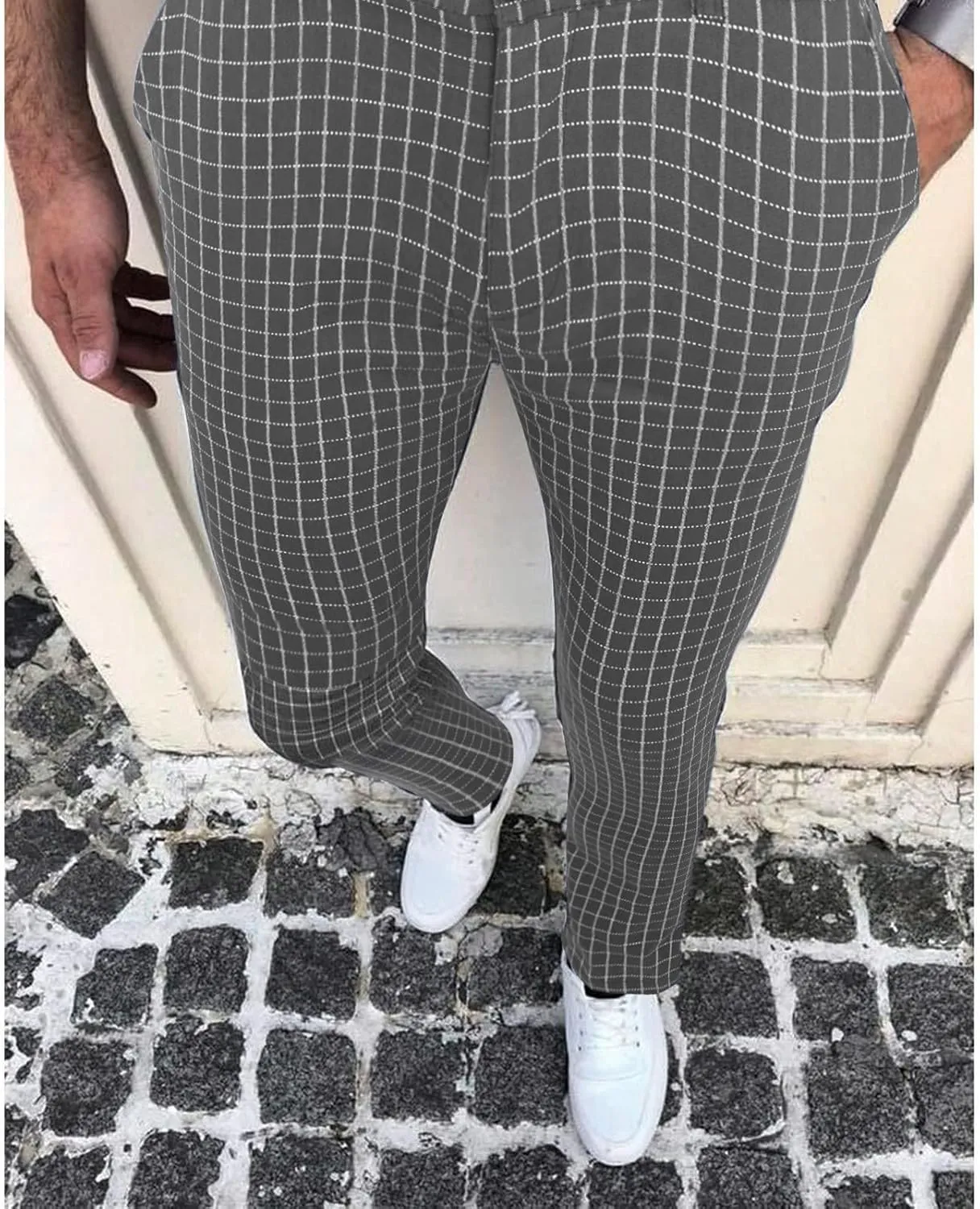 Mens Dress Pants, Men's Fashion Stretch Dress Pants Slim Fit Plaid Business Skinny Long Pants Casual Dress Pants