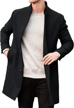 Mens Fall Winter Single Breasted Pea Coat Trench Coat Slim Fit Notched Collar Warm Soft Overcoat