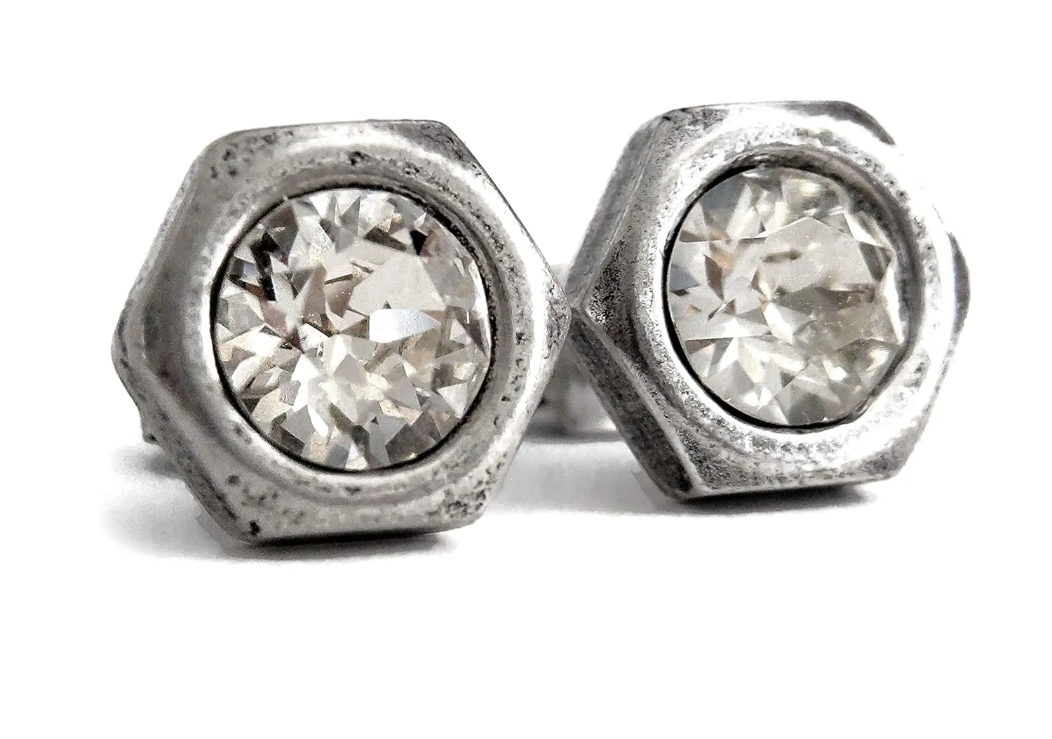 Mens Hex Nut Stud Post Earrings with Silver Crystal - Unisex Hardware Jewelry
