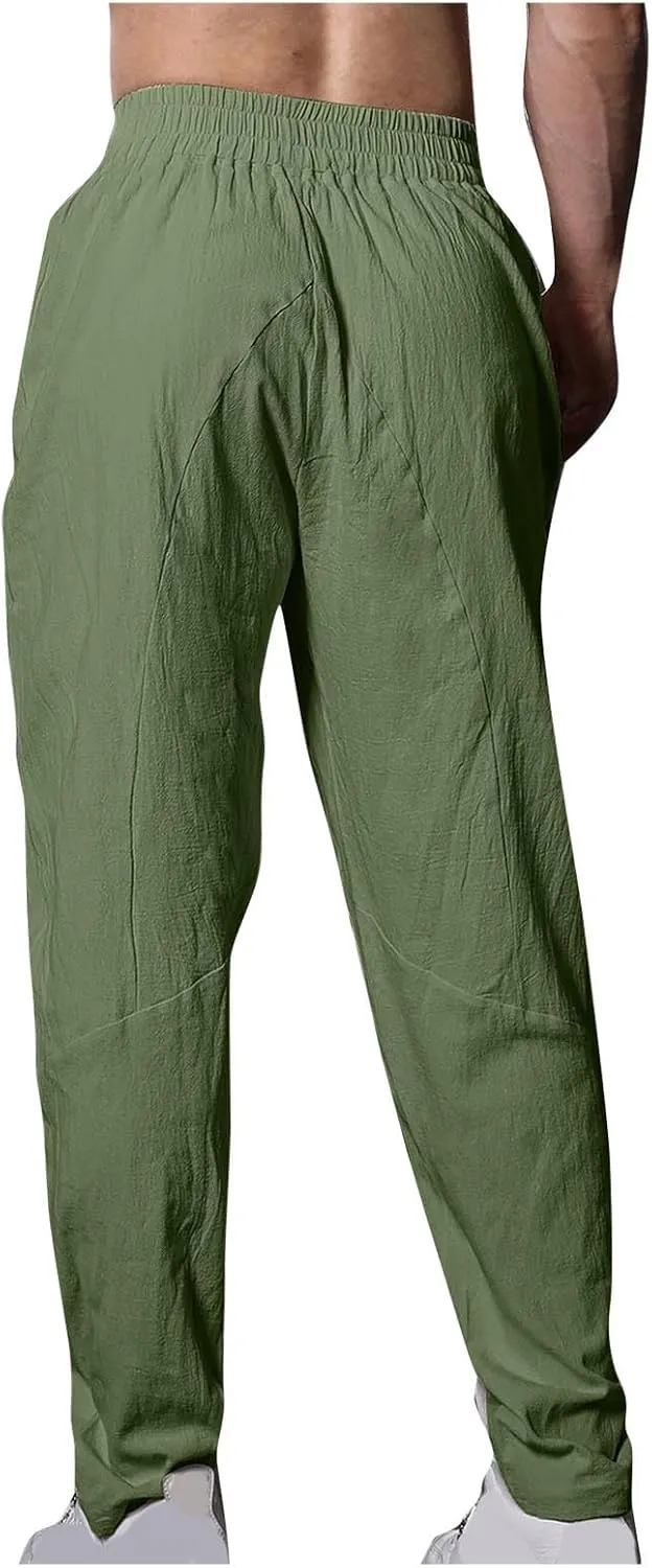 Men's Lounge Pants Cotton and Linen Straight Drawstring Trousers Solid Slim Fit Elastic Pants Summer Commuting Pants