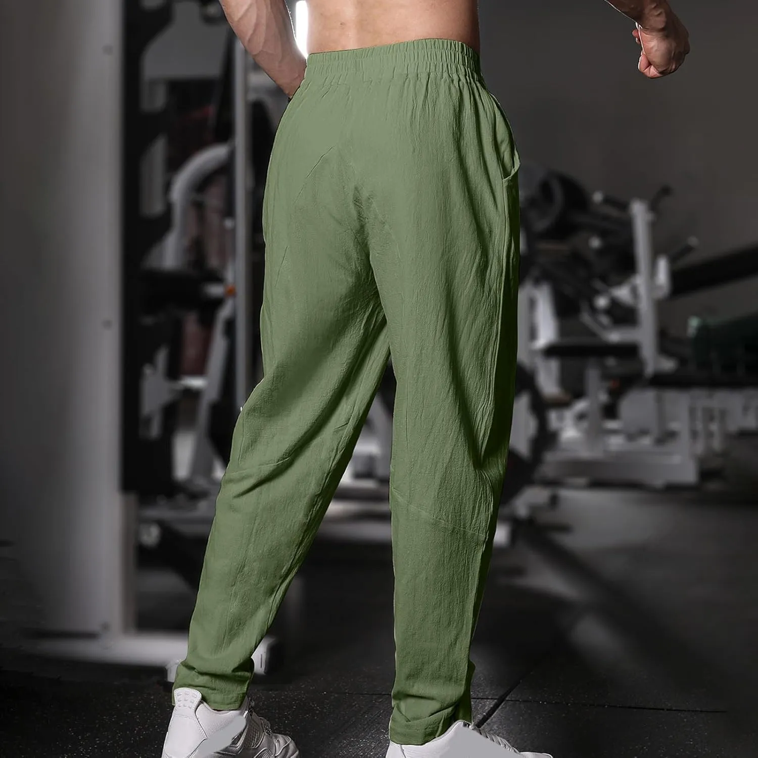 Men's Lounge Pants Cotton and Linen Straight Drawstring Trousers Solid Slim Fit Elastic Pants Summer Commuting Pants