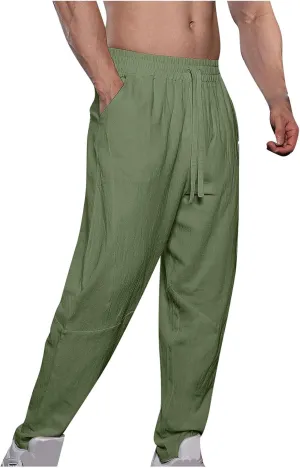 Men's Lounge Pants Cotton and Linen Straight Drawstring Trousers Solid Slim Fit Elastic Pants Summer Commuting Pants