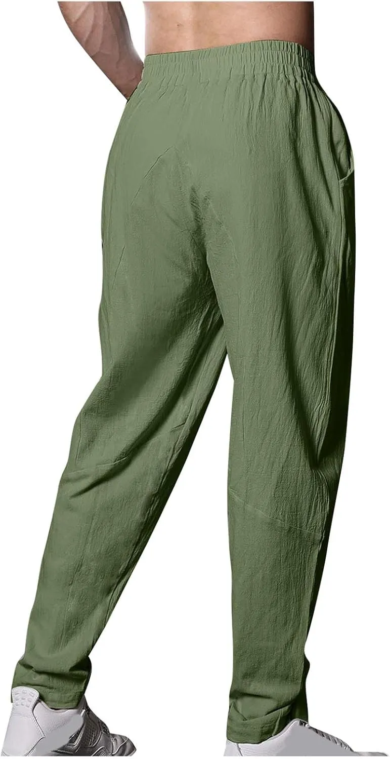 Men's Lounge Pants Cotton and Linen Straight Drawstring Trousers Solid Slim Fit Elastic Pants Summer Commuting Pants