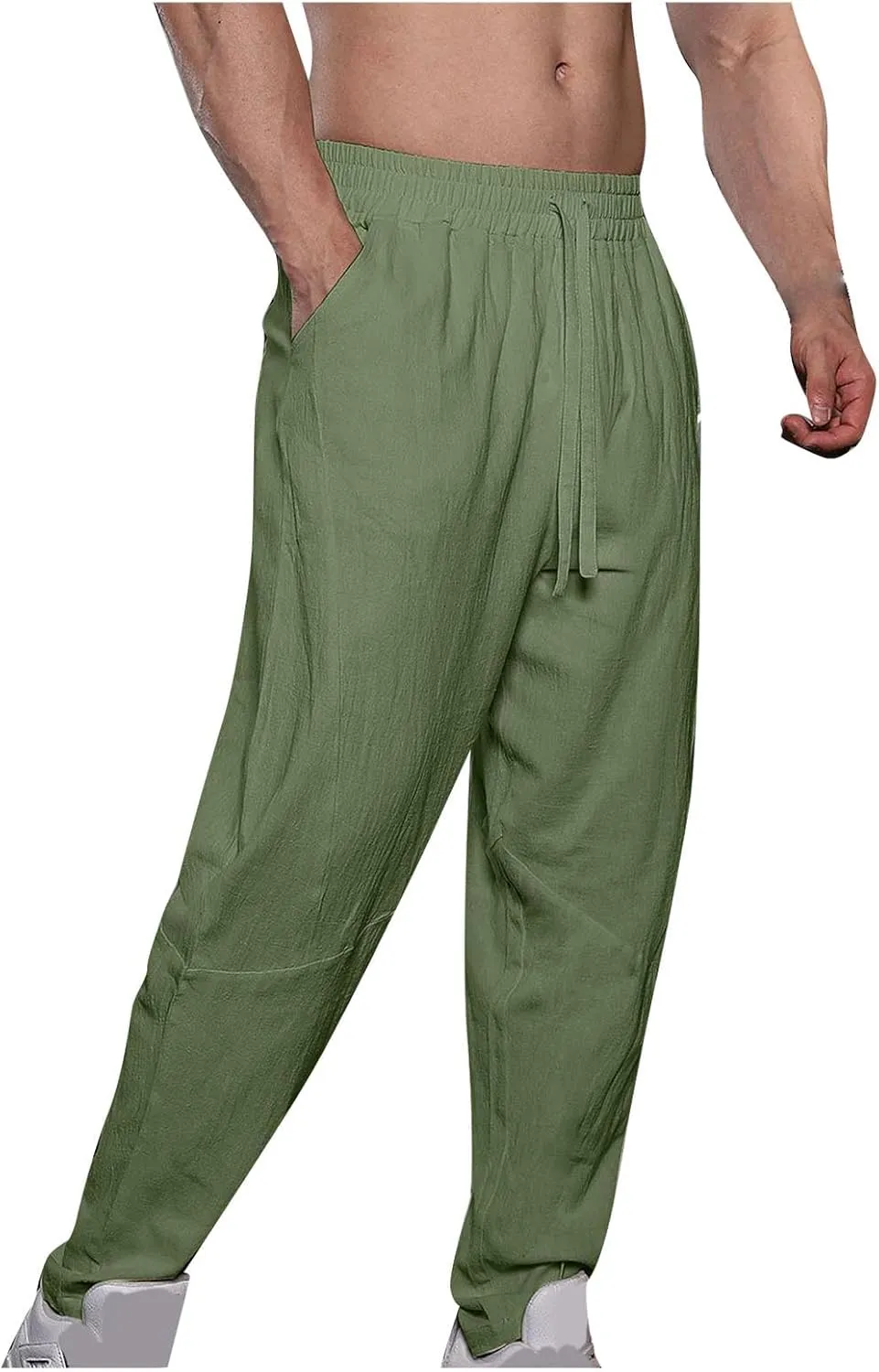 Men's Lounge Pants Cotton and Linen Straight Drawstring Trousers Solid Slim Fit Elastic Pants Summer Commuting Pants