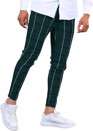 Mens Plaid Dress Pants Fashion Stretch Chino Pants Men Slim Fit Skinny Long Pants Casual Business Golf Pants