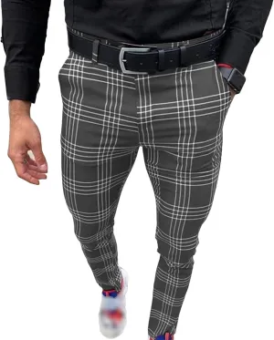 Men's Plaid Print Casual Pants Trousers Stretch Tapered Pants with Pocket Slim Fit Chinos Pants Dress Pants