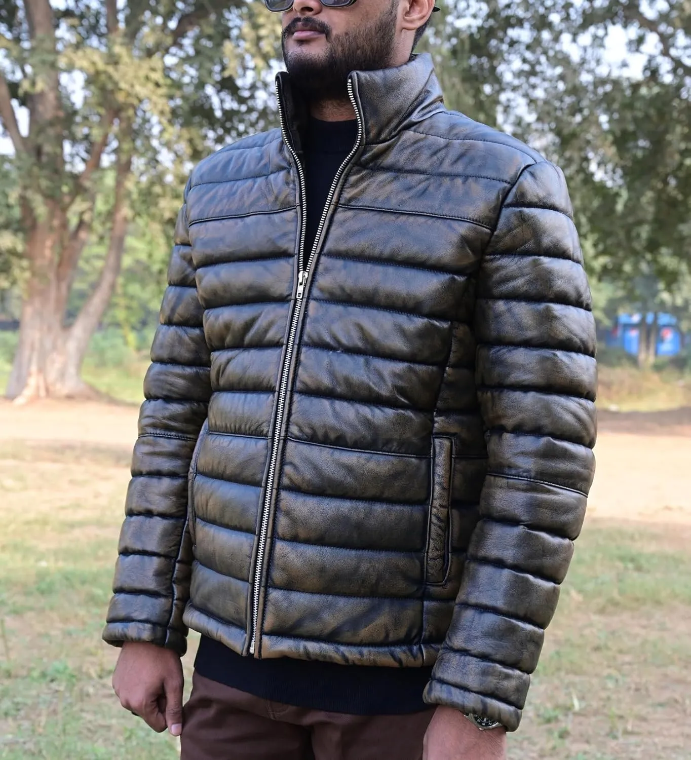 Mens Puffer Jacket Lambskin Down Leather Quilted Puffer Jacket Lightweight Winter Mens Puffer Coat