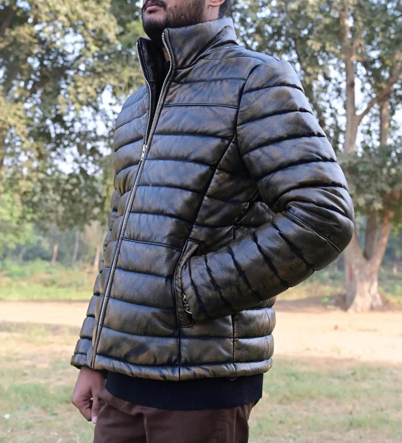 Mens Puffer Jacket Lambskin Down Leather Quilted Puffer Jacket Lightweight Winter Mens Puffer Coat