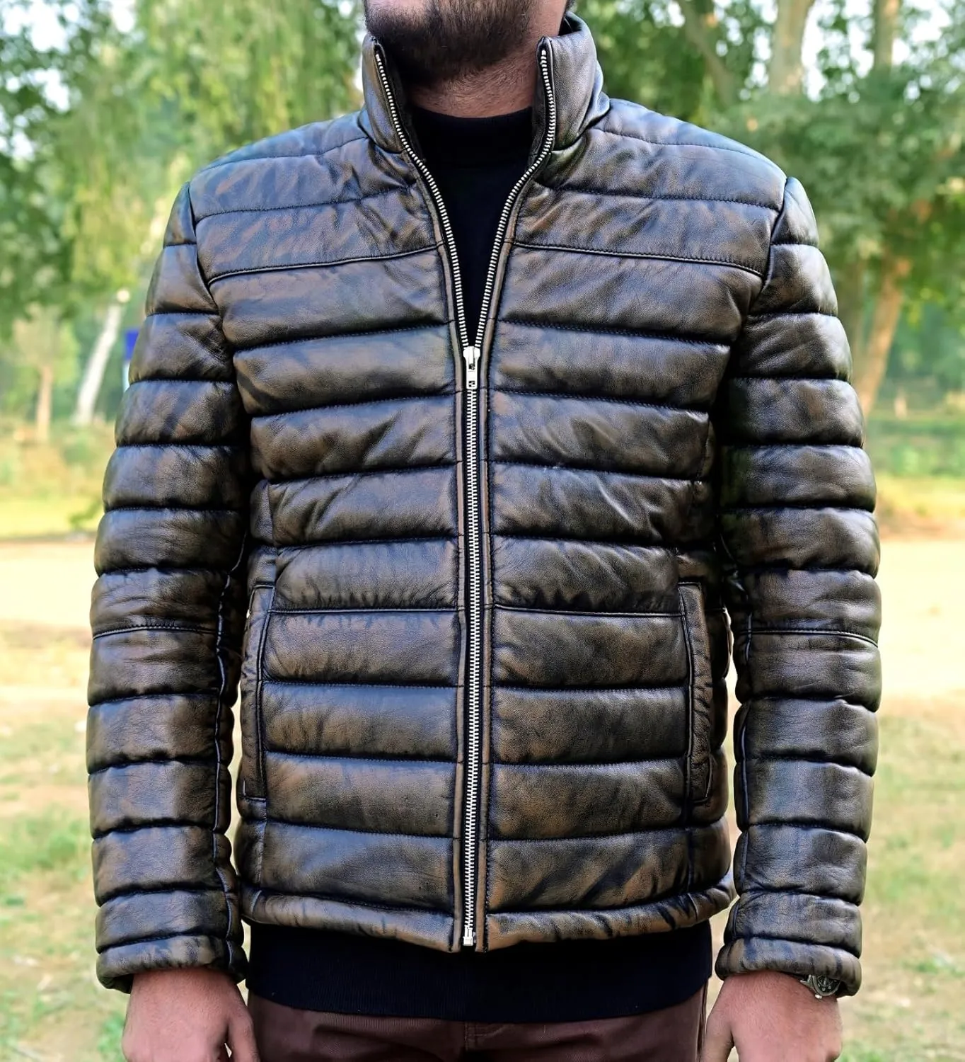 Mens Puffer Jacket Lambskin Down Leather Quilted Puffer Jacket Lightweight Winter Mens Puffer Coat