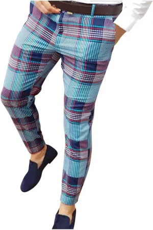 Men's Slim Fit Dress Pants Chinos Stretch Flat-Front Dress Pants Plaid Skinny Business Trousers Pencil Pants