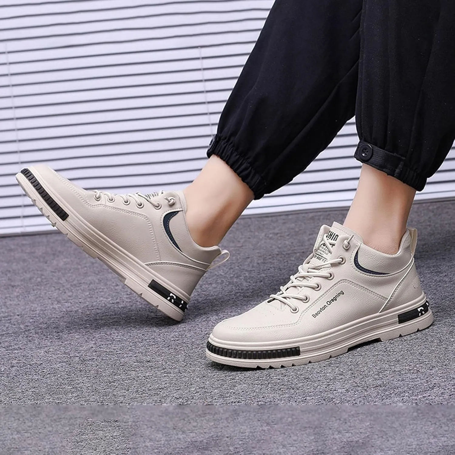 Men's Solid Color Casual Flat Leather Shoes Fashion Lace Up Loafers Sneaker Socks Mens Shoes Sneaker