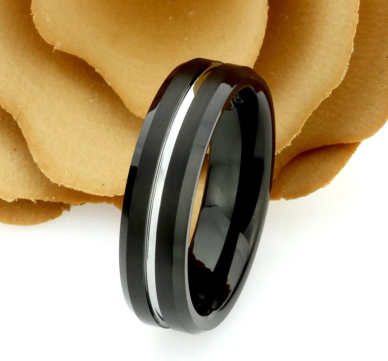 Men's Women's Tungsten Wedding Band Engagement Ring 6mm Grooved Two Tone Black Ring