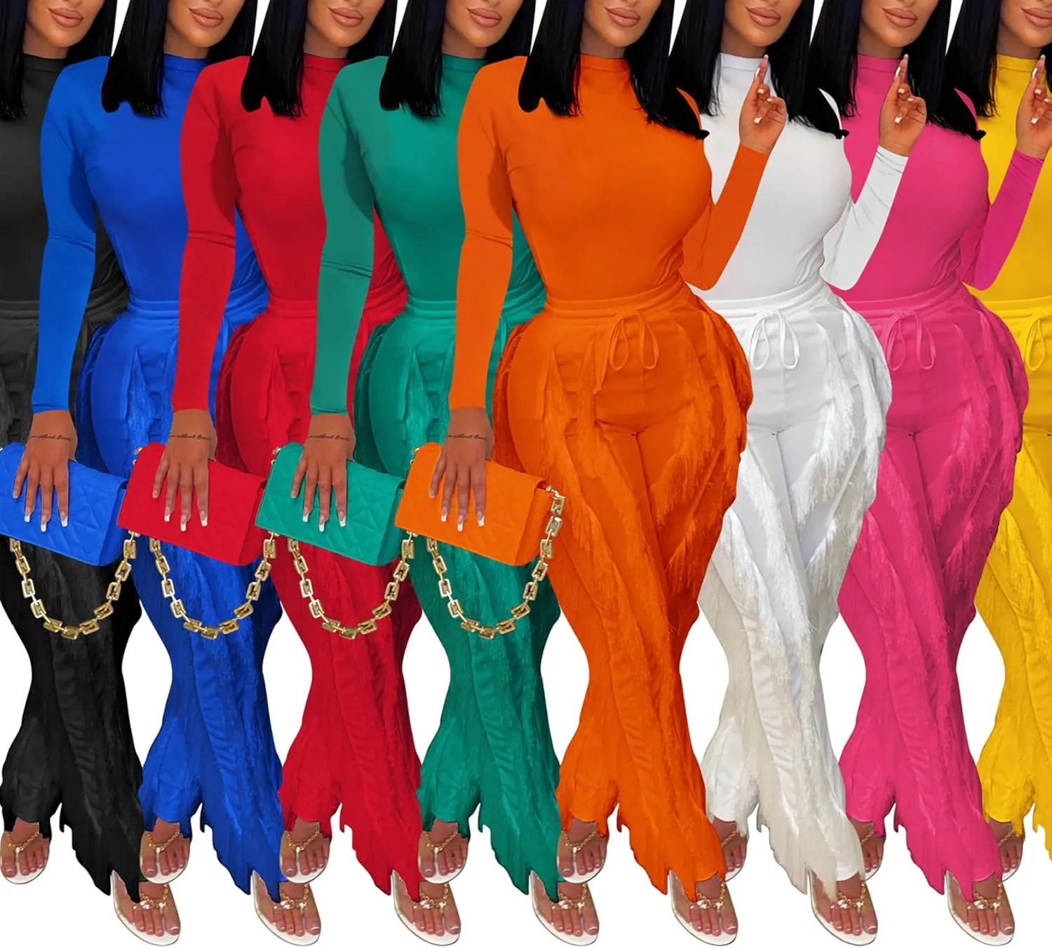 MESLIMA Casual 2 Pieces Outfits for Women Round Collar Long Sleeve Bodysuits with Fringe Long Pants Set Jumpsuits