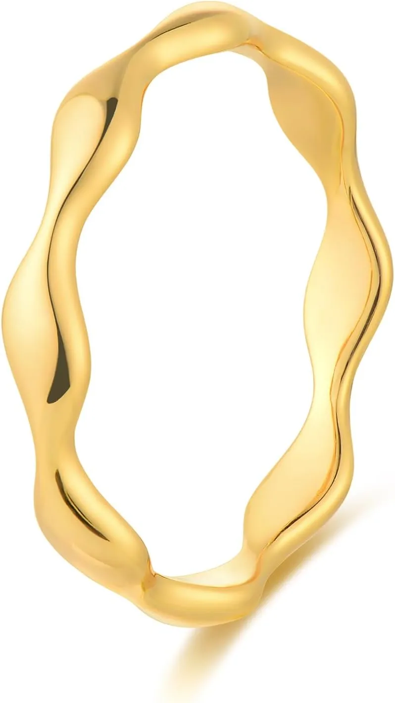 MEVECCO 14K Gold Ring Dainty Wave Ring Gold Plated Band Stackable Minimalist Ring for Women Trendy Fashion Jewelry
